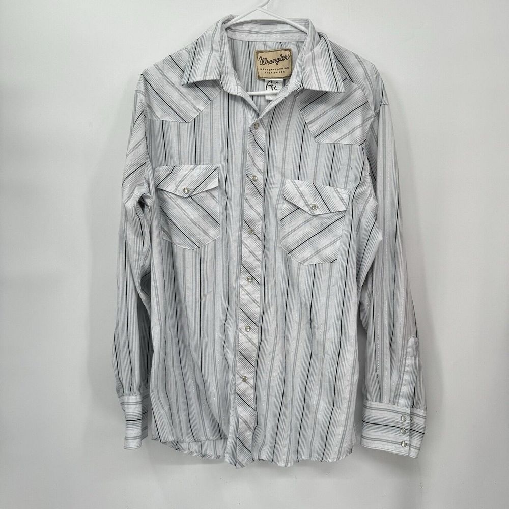 Wrangler XL Western Snap Shirt Mens‎ White Gray Striped Metallic Long Sleeve
